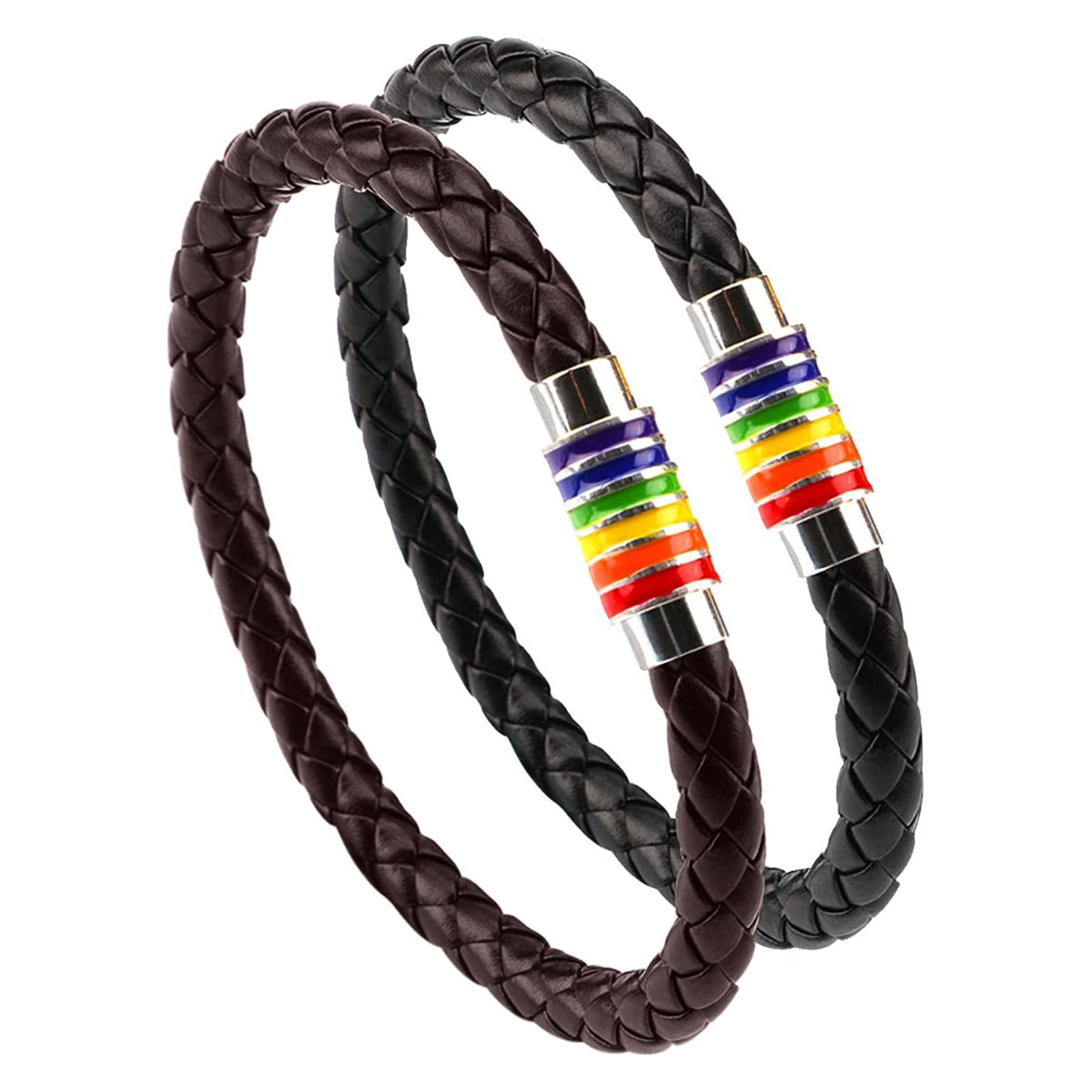 PHOGARY Gay Pride Bracelet LGBT Rainbow Bracelet (2 Pack, Black+Brown), Leather Couple Bracelet Men's Women's Bangle with Rainbow Striped Stainless steel Magnetic Clasp