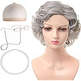 PASDUCHAS Old Lady Wig Set, Granny Grandma Gray Wigs for Women for Old Woman Cosplay Halloween Party