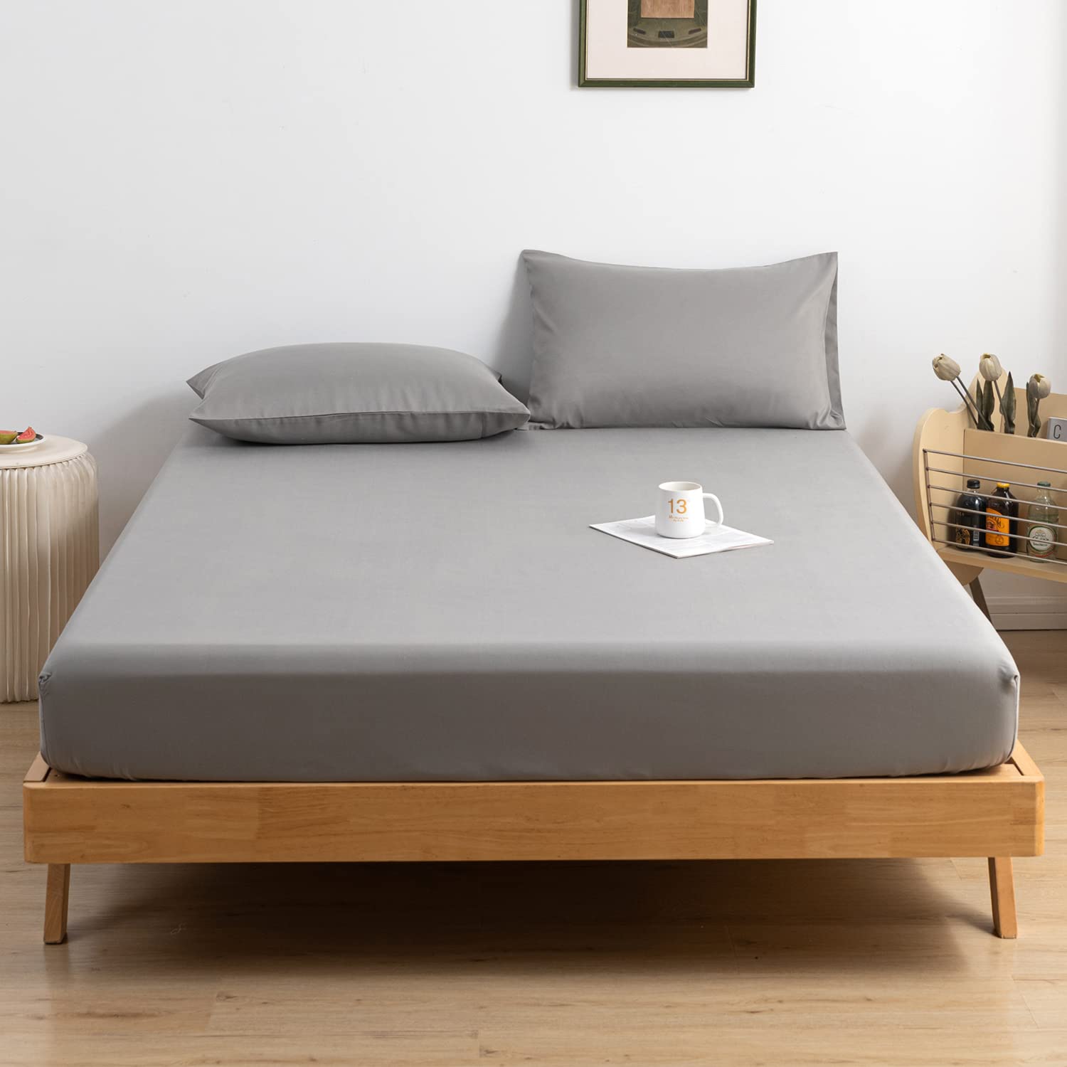 Good Nite Single Fitted Sheet Bed Sheets 25CM Extra Deep Pocket Soft and Breathable Fitted Bedding Sheets (Gray, Single)