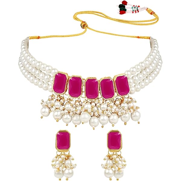 I Jewels Gold Plated Indian Wedding Choker Set - Kundan & Pearls Necklace With Earrings For Women