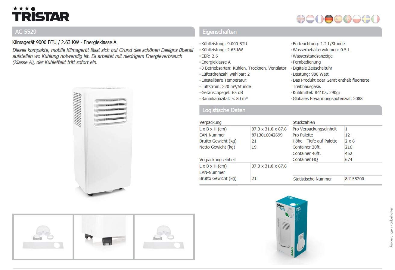 Tristar AC5529 Mobiles Klimagerät 9000 BTU Kühlleistung
