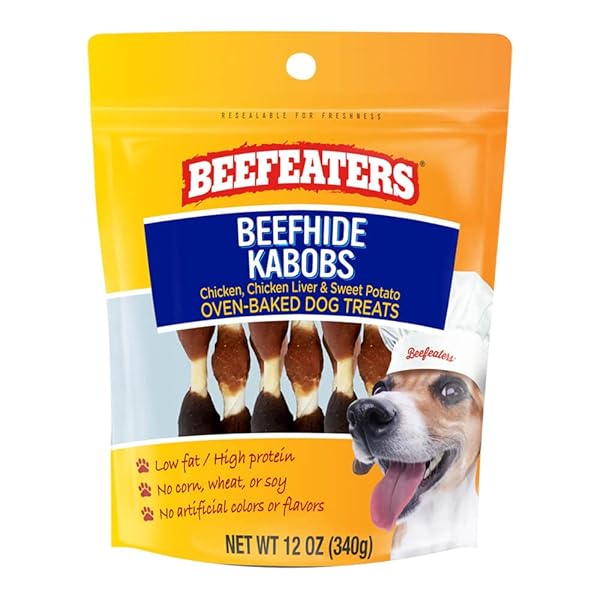 BEEFEATERS BEEFHIDE KABOBS 12OZ – DOG TREAT. TRIPLE FLAVOR WITH REAL CHICKEN, LIVER & SWEET POTATO, LONG-LASTING CHEW, SUPPORTS DENTAL HEALTH, IDEAL FOR TRAINING