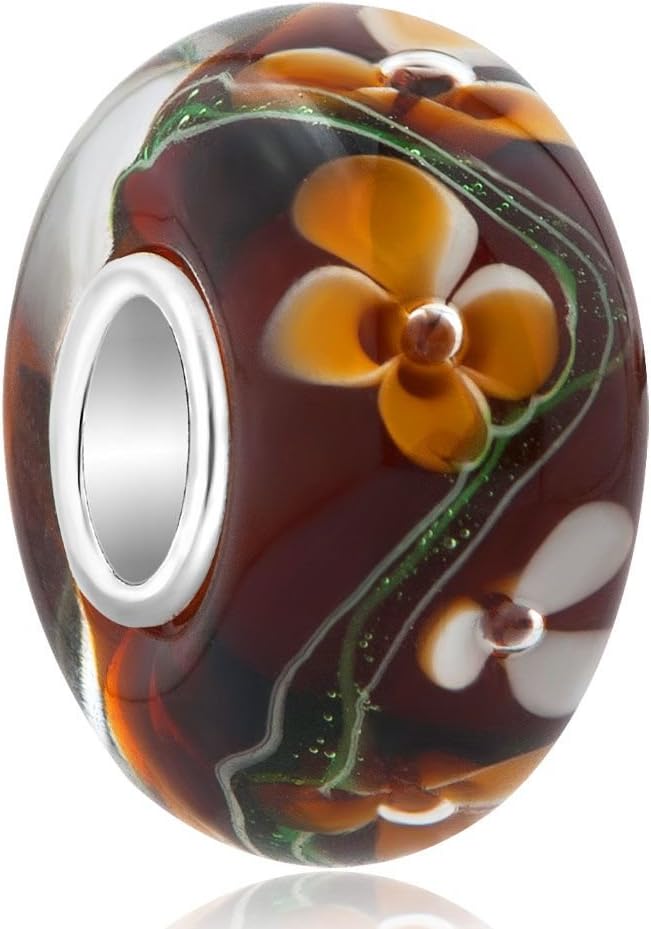 Uniqueen Jewellery Flower Glass Bead On Sterling Silver Core for European Charm Bracelets
