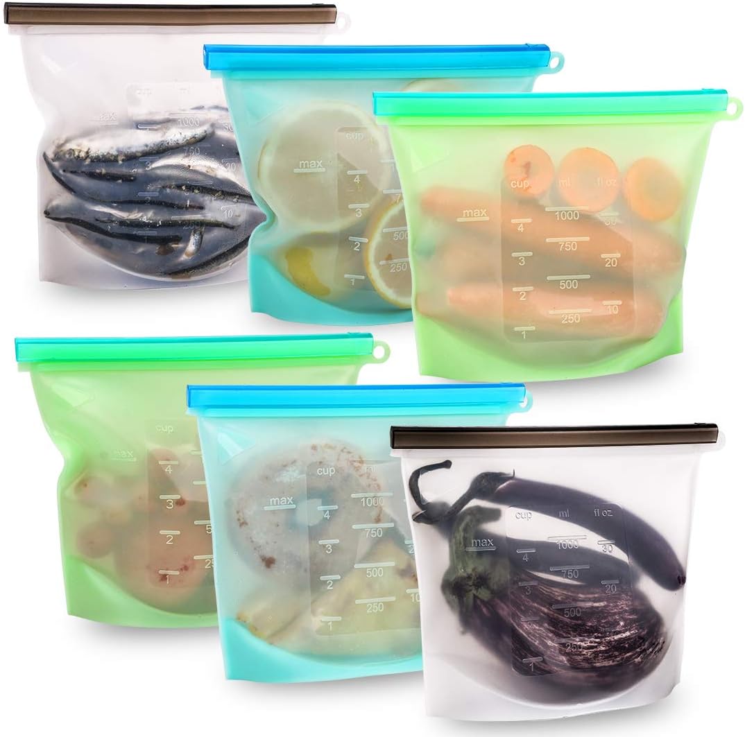 Reusable Silicone Food Storage Bags Set of 6（30 oz）,Airtight Seal Bags for Freezer Preservation,Lunch Containers Ziplock Sandwich Baggies for Vegetable/Meat/Soup/Milk/Snacks
