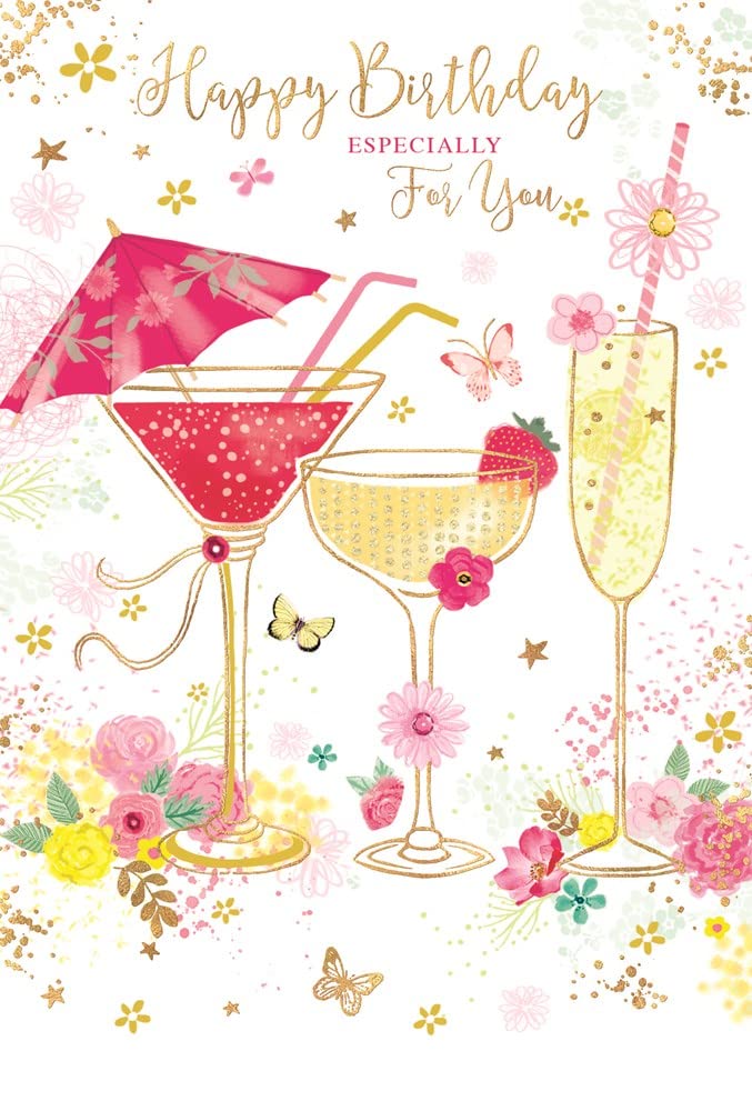 Open Female Birthday Card - Cocktails and Flowers with Gold Foil 7.75x5.25