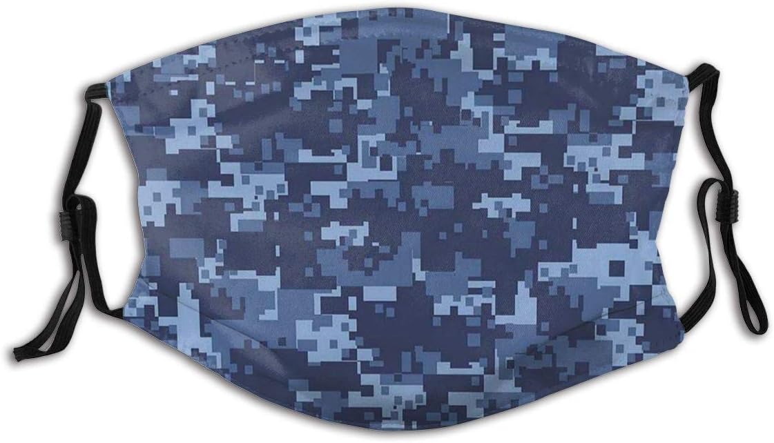 Ma-sk with 2 Filter, Camo Retro Blue Tones Sawtooth Mouth Face Anti Dust Mouth-Muffle for Adult Washable Reusable