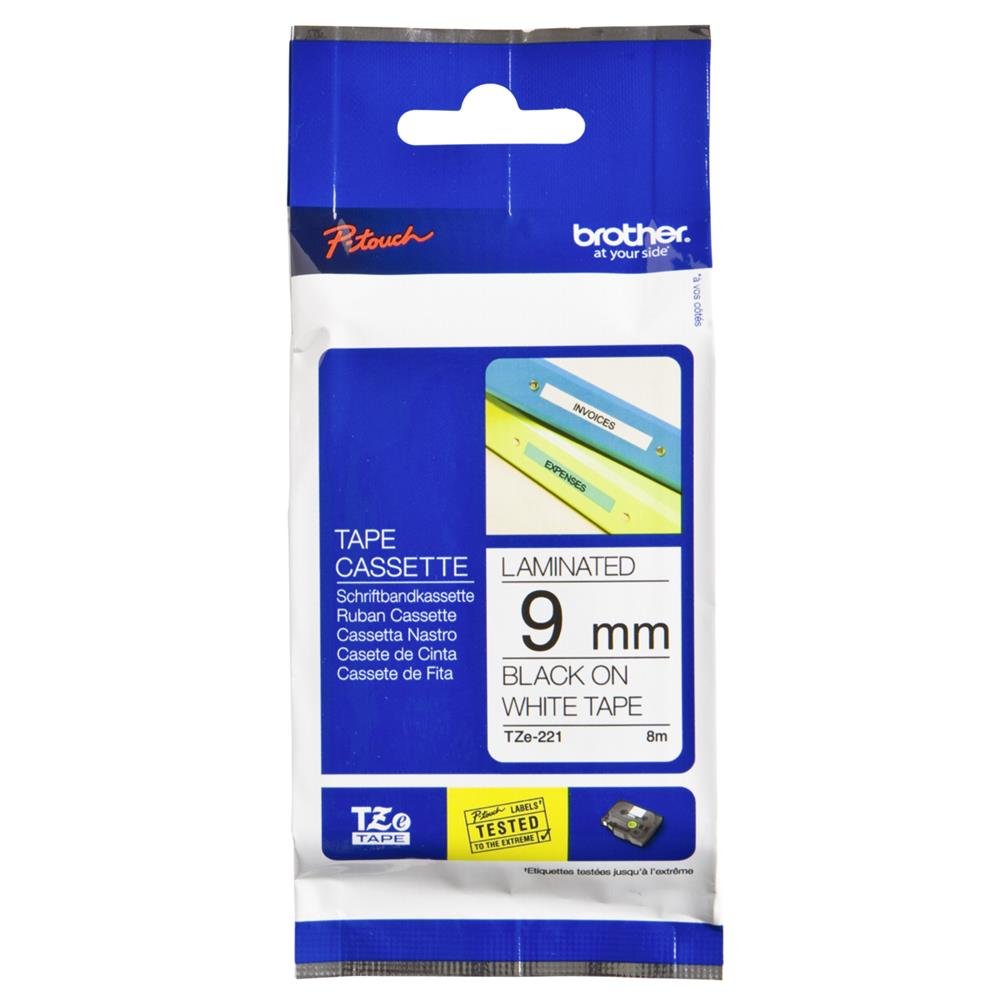 Brother TZe-221 Labelling Tape Cassette, 9 mm (W) x 8 m (L), Laminated, Brother Genuine Supplies - Black on White