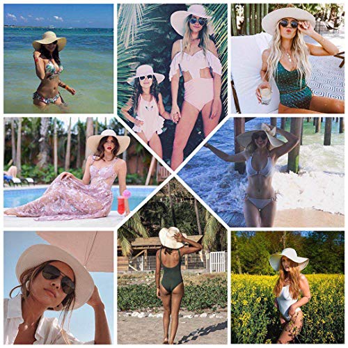 Women Straw Sun Beach Hat - White Large Wide Brim Floppy Face Sunhat Foldable for Summer UV Protection