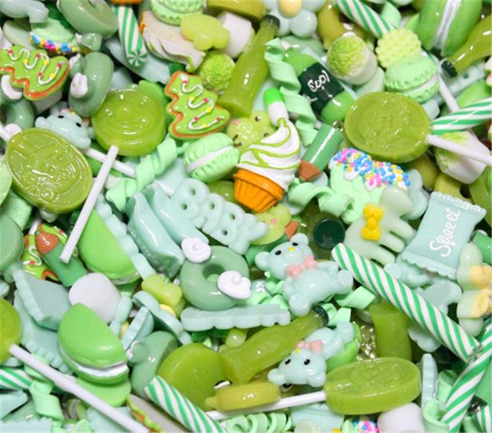 Random 30pcs Cute Candy Resin Charms Beads Fruit Dessert Ice Cream Plastic Slices Flatback Buttons for Handcraft Accessories Scrapbooking Phone Case Decor(Green)