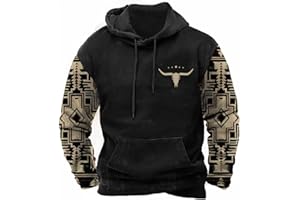PORCLAY Mens Aztec Hoodie Western Cowboy Hooded Sweatshirt Country Graphic Print Oversized Pullover Shirts with Pocket