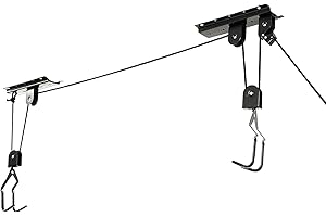 Ihomepark Bike Hoist for Garage Ceiling Storage, Heavy Duty Bicycle Lift Mountain Bicycle Hanging Rack with 3 Pulley and 45 ft Adjustable Rope | 100 lb Capacity