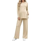 JoyMotion Women's Maternity Lounge Sets 2 Piece Knit Pajamas Long Sleeve Side Slits Top Adjustable Pant Pregnancy Outfit