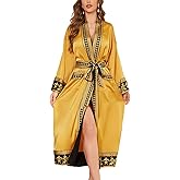 Daiwor Kout Silk Satin Robe for Women Long Kimono Robe Lightweight Floral Trim Bathrobe Luxury House Robes with Pockets