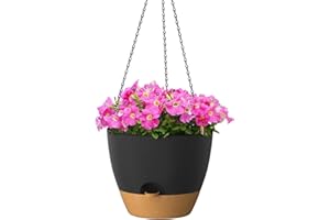 ZMTECH 12 Inch Hanging Planters for Indoor Outdoor Plants, 1 Pack Self Watering Hanging Plant Pots with Drainage Holes and Removable Saucer, Plastic Flower Hanging Pots with Watering Lip (Black)