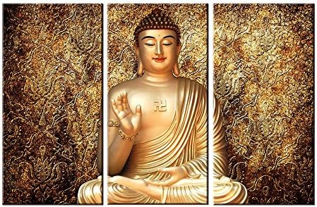 Yiijeah Framed Canvas Wall Art,3 Panels Abstract Golden Buddha Picture Print on Canvas,Modern Large Artwork Ready to Hang for Living Room Bedroom Home Decor 12x24inchx3p