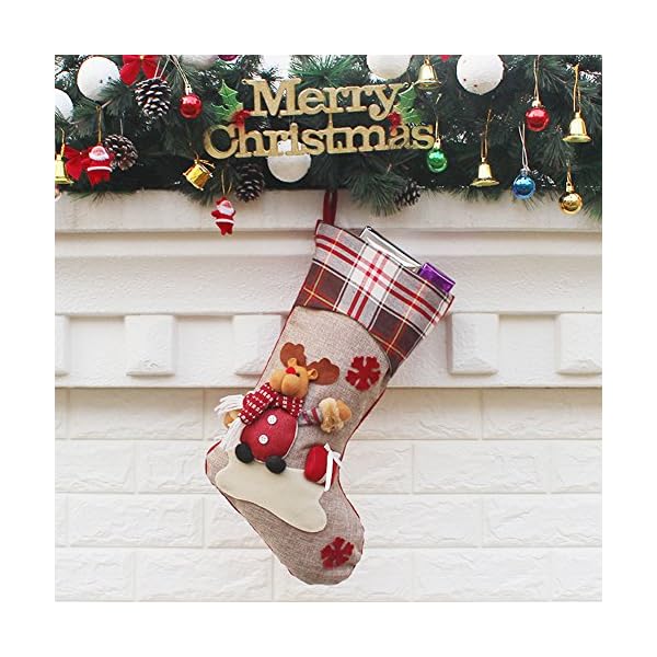 YAMUDA Christmas Stocking, 18" Set of 3 Santa, Snowman, Reindeer, Xmas Character 3D Plush with  Rustic Burlap Christmas Decorations and Party Accessory(Xmas-01) - Image 6