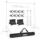 EMART Backdrop Stand 10x7ft(WxH) Photo Studio Adjustable Background Stand Support kit with 2 Crossbars, 8 Clamps, 2 Sandbags and Carry Bag for Parties, Events Decoration, Wedding, Photography -White