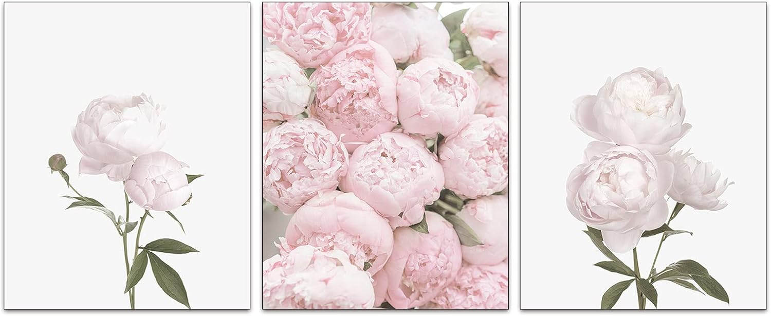 Modern Wall Art Decor Pink Peonies Flower Wall Poster Set Of 3 (8”X10”Canvas Picture) Bathroom Office Living Room Bedroom Wall Decor No Frame