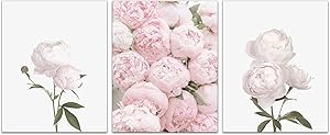 Modern Wall Art Decor Pink Peonies Flower Wall Poster Set Of 3 (8”X10”Canvas Picture) Bathroom Office Living Room Bedroom Wall Decor No Frame
