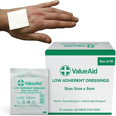 Value Aid 25 x Low Adherent Dressing Pads 5cm x 5cm Hypoallergenic Sterile