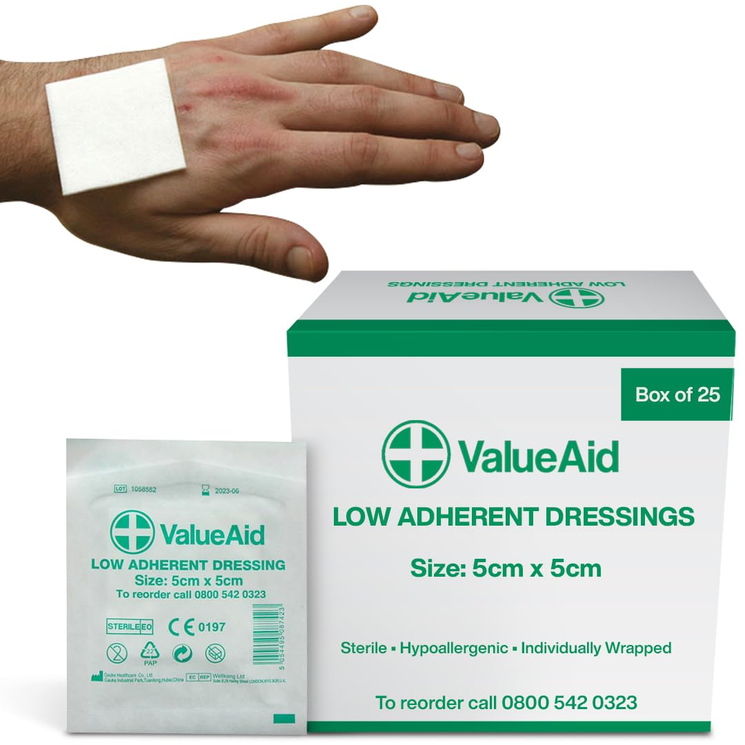 Value Aid 25 x Low Adherent Dressing Pads - 5cm x 5cm Hypoallergenic Sterile Wound Care, Non-Stick Surface for Gentle Removal - Individually Wrapped Medical Dressings for Cuts & Grazes