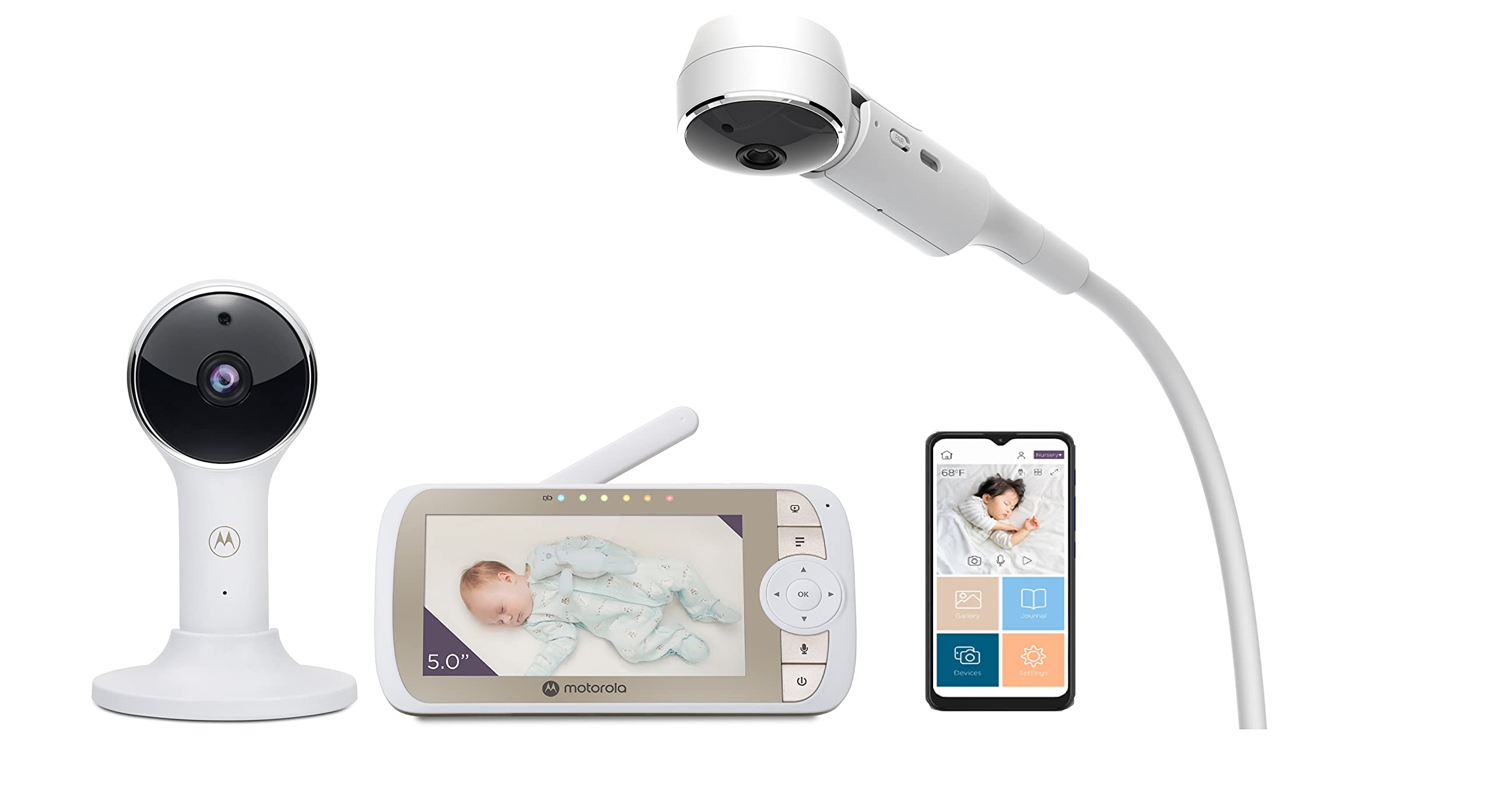 Motorola Nursery VM65X Connect - Halo Video Baby Monitor with Crib Holder - 5 inch Parent Unit and WiFi App - Flexible Magnetic Camera Mount, White