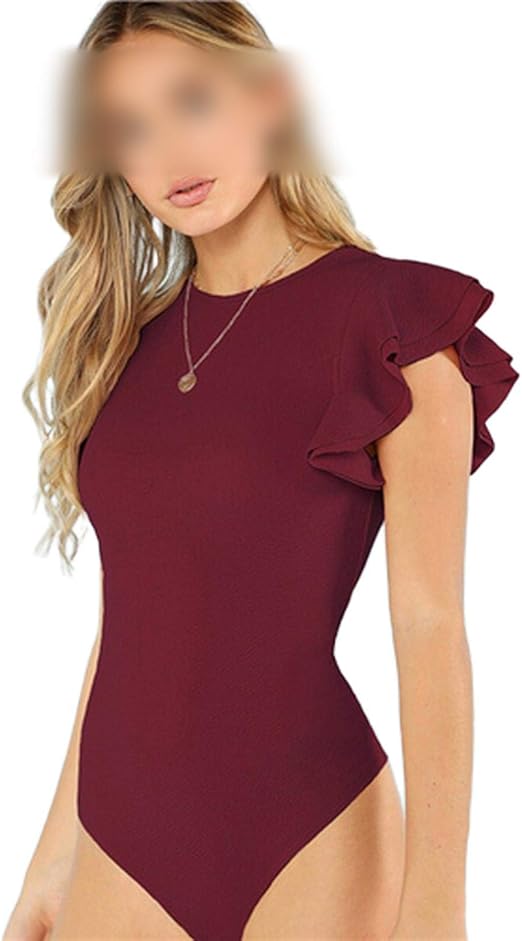 Bodysuits Pink Solid Layered Ruffle Textured Elegant Bodysuit Women