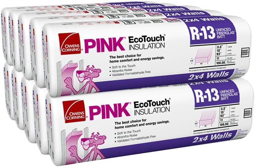 Owens Corning R-13 Unfaced 15 by 93 Fiberglass Batt Insulation Fits 2x4 Walls a Total of 10 Bags and Square Footage of 1065.6 FT