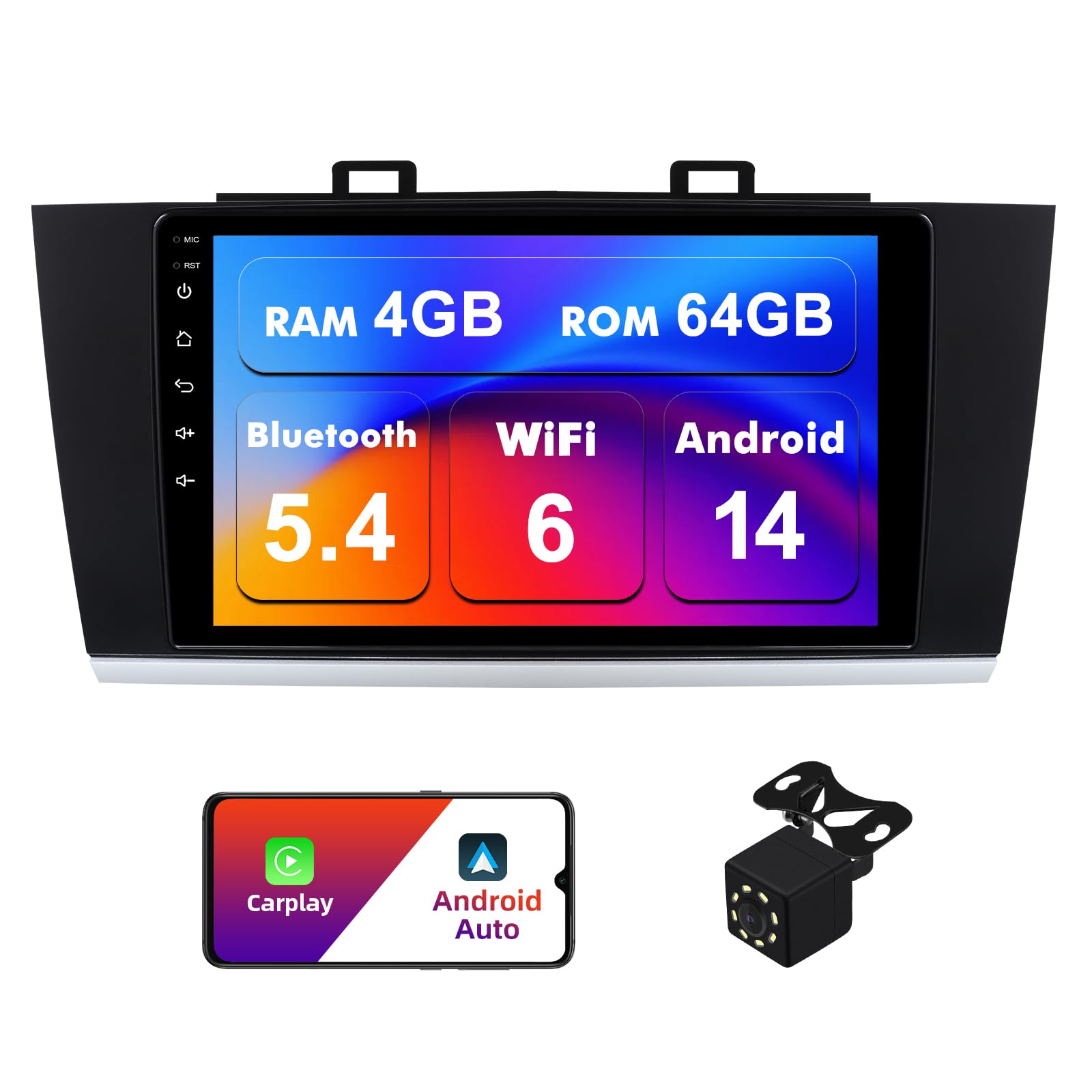 Photo 1 of 4+64G Android 14 Double Din Car Stereo for Subaru Outback Legacy 2015-2018 with 9 Inch Touchscreen Radio Built-in Wireless Carplay/Android Auto/GPS/Bluetooth/FM/AUX/SWC/Backup Camera
