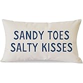 PANDICORN Summer Beach Throw Pillow Covers 12x20 Inch Blue Words Sandy Toes and Salty Kisses Coastal Outdoor Decorations Lumbar Decorative Throw Pillows Cases for Home Living Room Couch Sofa Decor