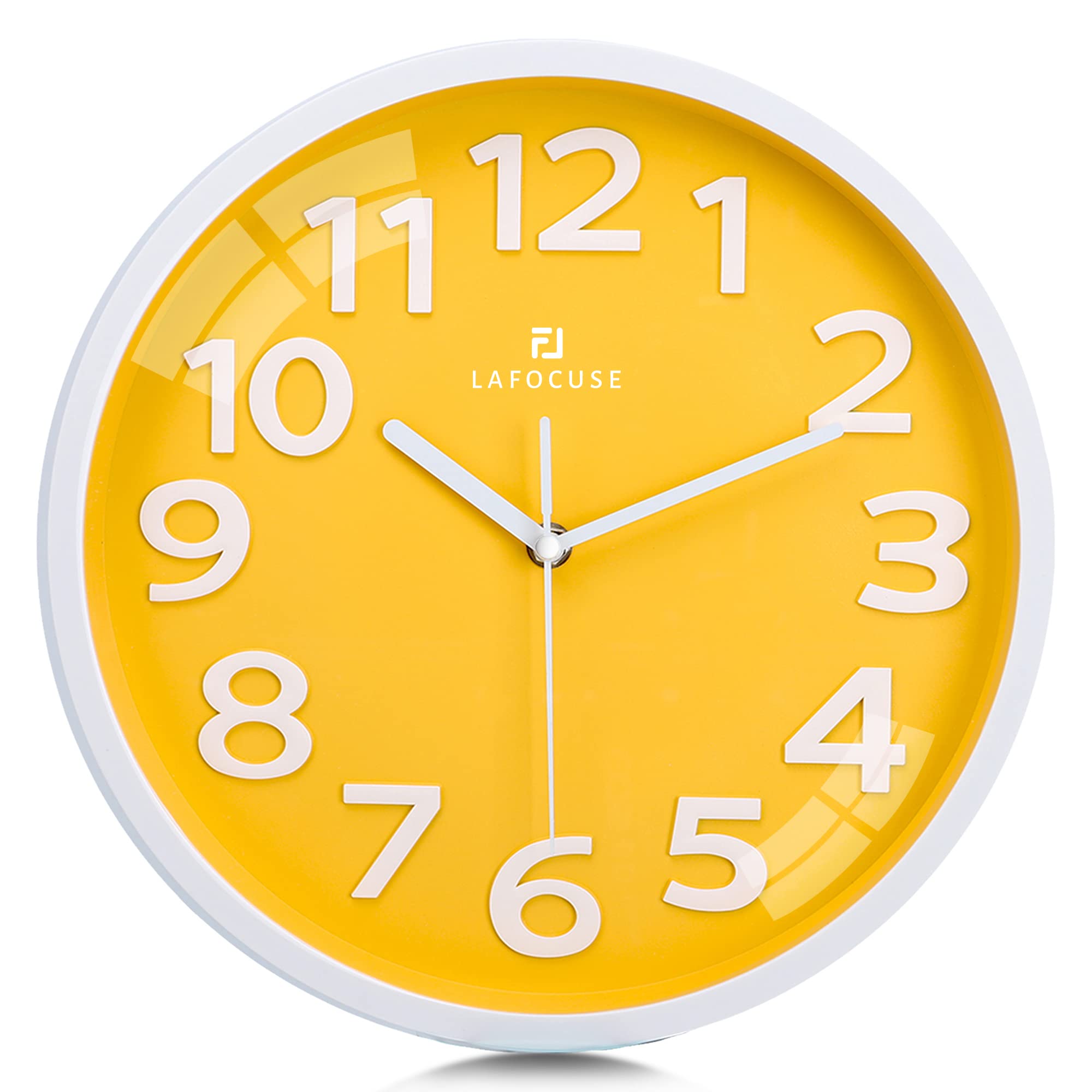 Lafocuse 12 Inch Silent 3D Numbers Yellow Wall Clocks for Living Room, Modern Kitchen Wall Clock Battery Operated Bedroom Home Office