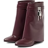 Yishaweiqi Padlock Ankle Boots Fold Over Wedge Heel Booties Wide-calf Short Boot