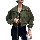 Skoinvb Womens Cropped Jacket Faux Suede Zip Up Oversized Anorak Coats with Pockets Utility Jackets