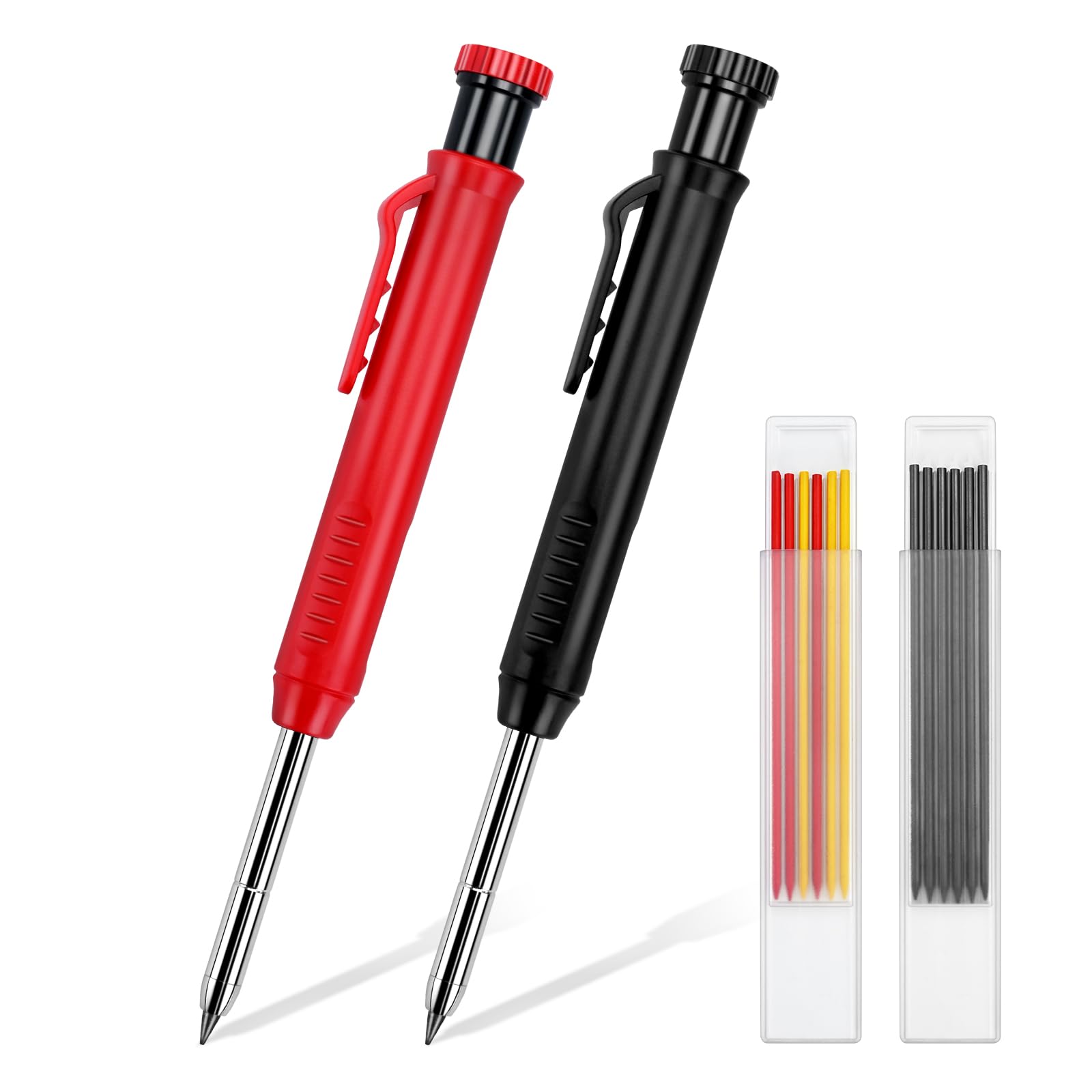 2 Pieces Carpenter Pencil Built-in Sharpener, Carpentry Mechanical Pencils Set with 14 Refills Woodworking Architect Deep Hole Marker Construction Pencils Mental Marking Tools for Drawing Writing