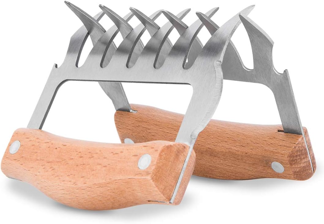 Tompig Fleisch Krallen für Pulled Pork Meat Claws, SenPuSi 2 Stück BBQ Gabeln Bärenkrallen Edelstahl mit Holzgriff Langlebig Scharfe, Geschwungene Gabeln zum Greifen, Zerkleinern Reißen von Fleisch
