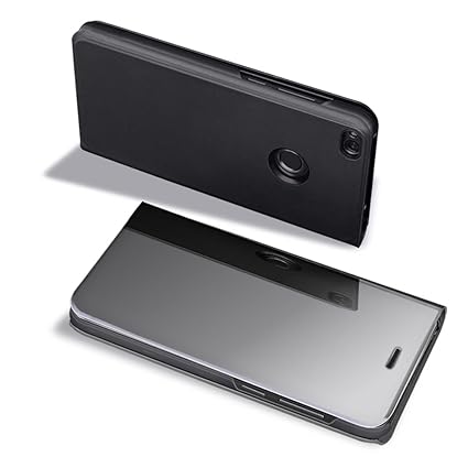 FNBK Huawei P9 Lite 2017 Hülle Spiegel Cover Mirror Case Flip Schutzhülle Schwarz Handyhülle Wallet Handy PC Luxus Bumper Bac