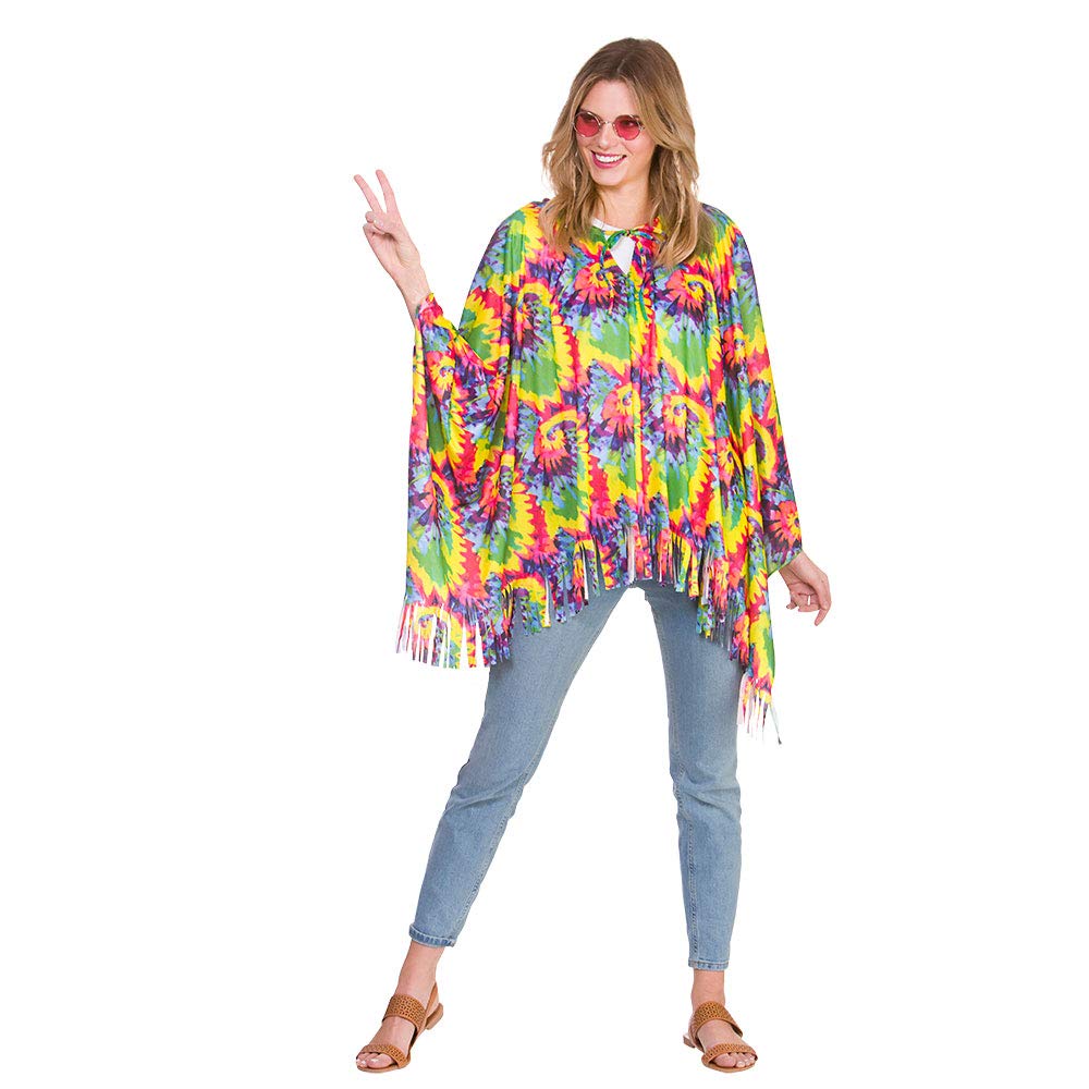 Wicked Costumes Adult Unisex Tie Dye Hippie Poncho Fancy Dress – 60s 70s Festival Retro Party Outfit - (One Size)