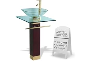 Renovators Supply Manufacturing Bohemia Modern Glass Pedestal Sink Combo Crystal Clear Tempered Glass Countertop Bathroom Vanity Vessel Sink, Gold Plated Faucet, Drain, Towel Bar and Wood Pedestal