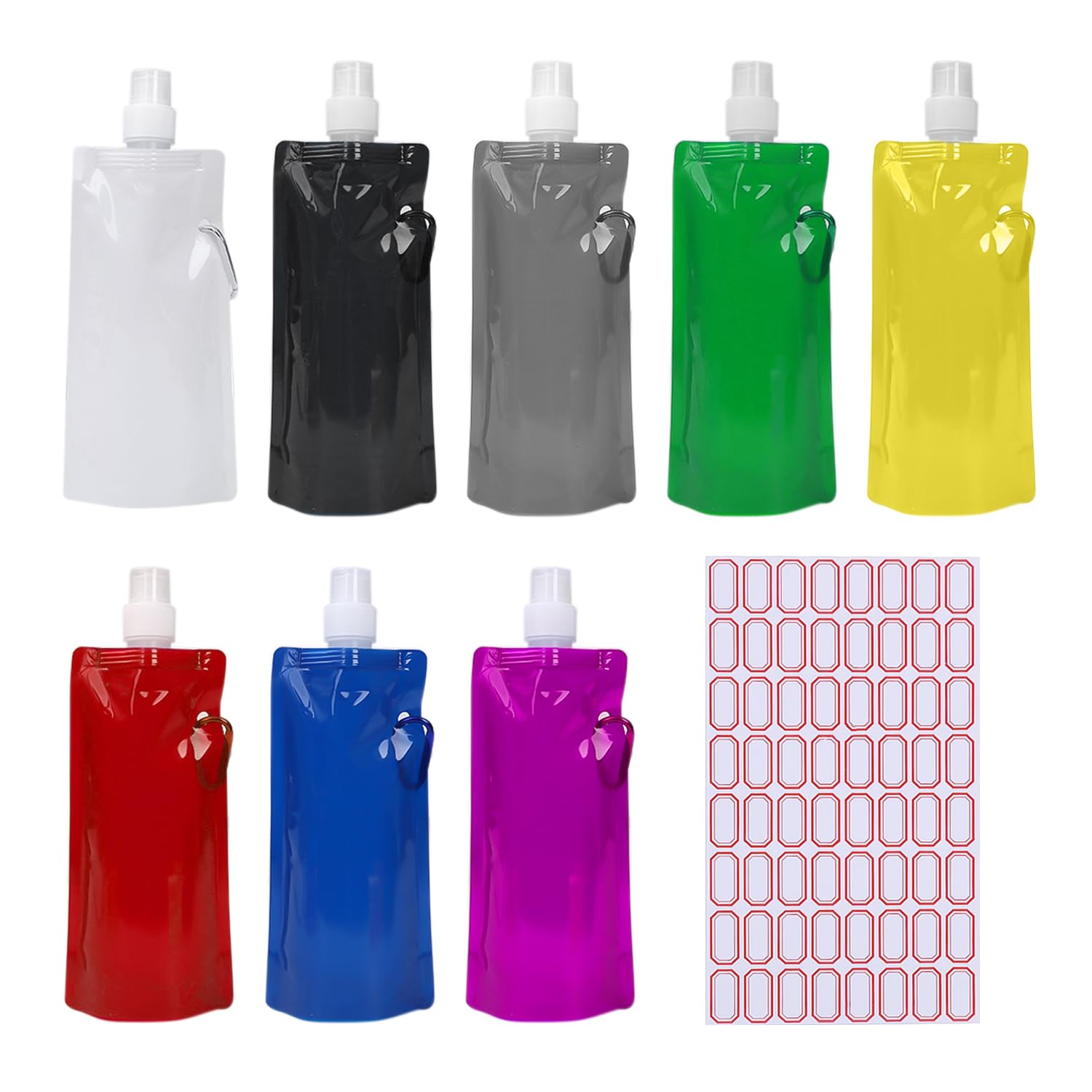 GVSAVY 8 Foldable Water Bags with 1 Sticker, 480ml Colorful Water Bags, Portable Sports Water Bags with Ring Water Belt, Suitable for Outdoor Sports, Cycling, Jogging, Traveling