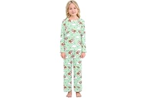 KUEJOP Cartoon Green Sleep Sloth Cute Pajama Sets Long Sleeve Top and Pants, 2 Piece Pjs for 3-11Y