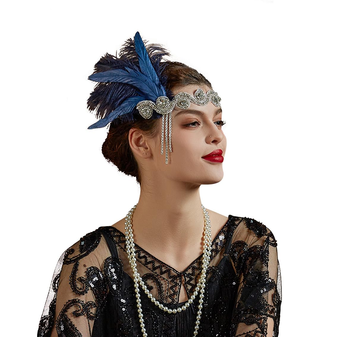 Photo 1 of 1920s Flapper Headband for Women,Tea Party 1920s gatsby headpiece for women Headpiece with Crystal for Girls (navy blue)