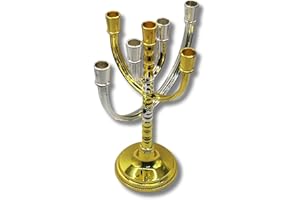 3 Arches USA 7 Branch Rotating Metal Temple Menorah Candelabra - Silver & Gold Plated Home Decor Candle Holder -Round Gold Decor, Fits Standard 1/2" Candles