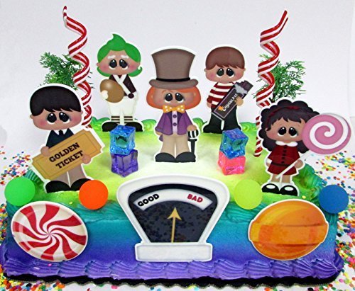 Willy Wonka Birthday Cake Topper Set Featuring Wonka & Friends and Decorative Themed Accessories