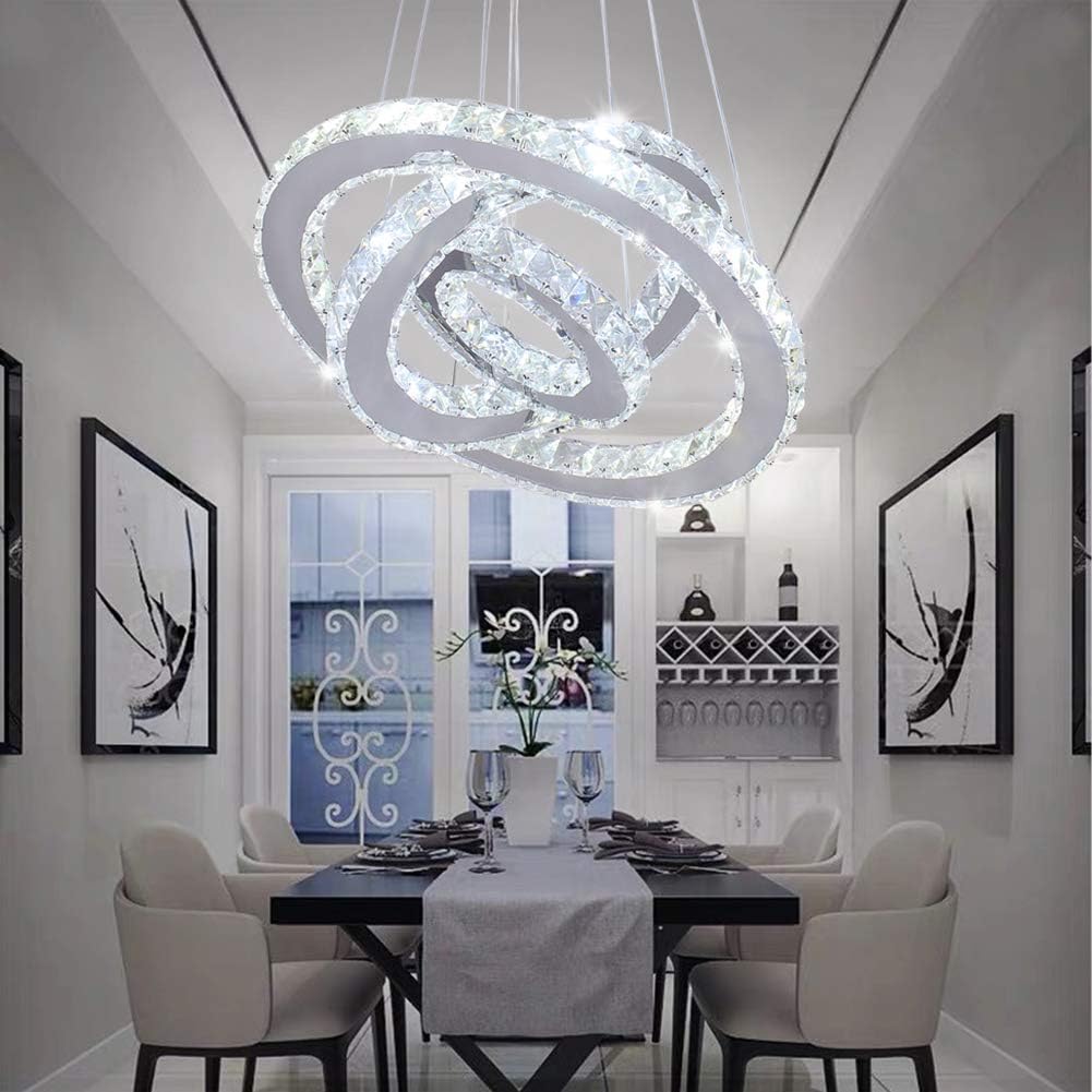 Dixun LED Modern Crystal Chandeliers 3 rings LED Ceiling Lighting Fixture Adjustable Stainless Steel Pendant Light for Bedroom Living Room Dining Room(White): Home & Kitchen