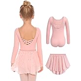 Zaclotre Girls Ballet Leotards Toddler Long Sleeve Crisscross Back Dance Dress Outfit with Removable Shiny Skirt Combo