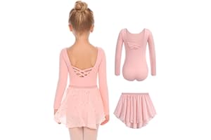 Zaclotre Girls Ballet Leotards Toddler Long Sleeve Crisscross Back Dance Dress Outfit with Removable Shiny Skirt Combo