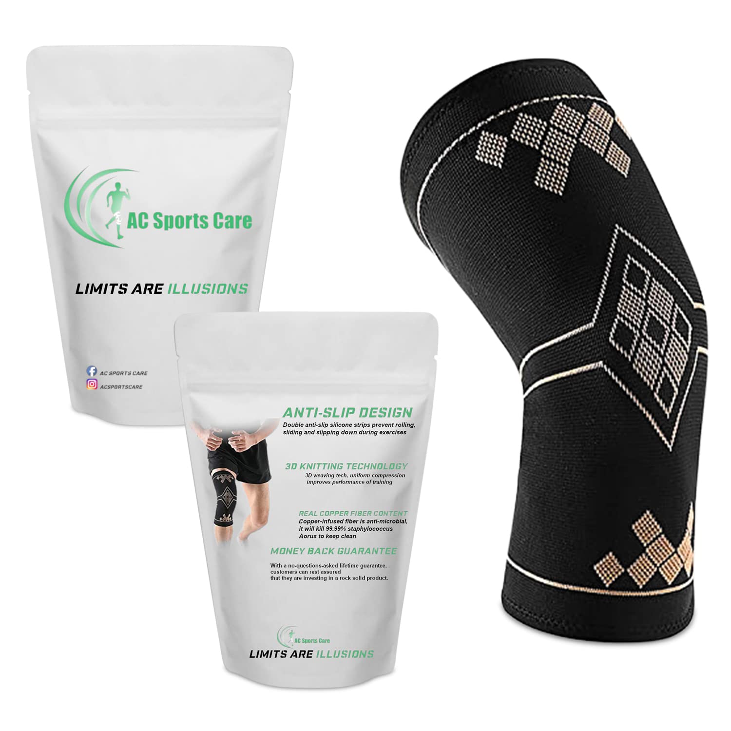 AC SPORTSCARE Premium Compression Copper Knee Brace – Adjustable Support Sleeve Protect Knee for Relief, Weightlifting Arthritis Meniscus Tear, Tendonitis clinic therapy One Size Fits All (Multi, XXL)