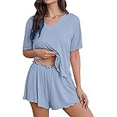 Kylollx Bamboo Viscose Pajamas for Women Set 2 Piece Comfy Lounge Sets Soft Tshirt & Sleep Pjs Shorts with Rose Applique