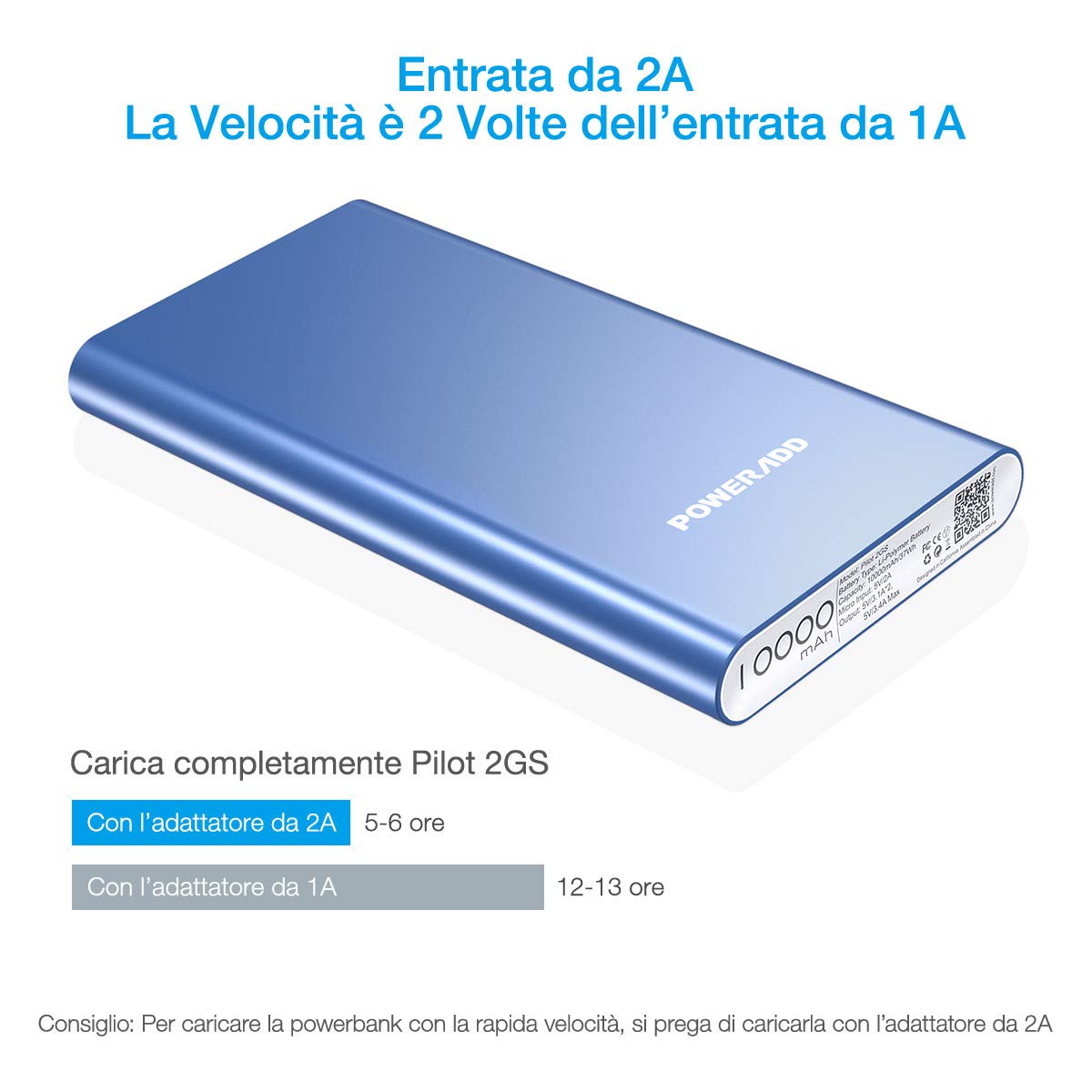 POWERADD Pilot 2GS 10000mAh Caricabatterie portatile due porte - Power Bank Batteria Esterna per iPhone, iPad, iPod, Samsung e tanti altri Phone