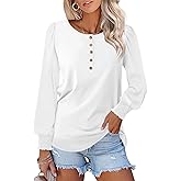 Minetom Womens Tops Long Sleeve Henley Shirts Smocked Puff Sleeve Shirts Dressy Casual Blouses Fall Trendy Clothes